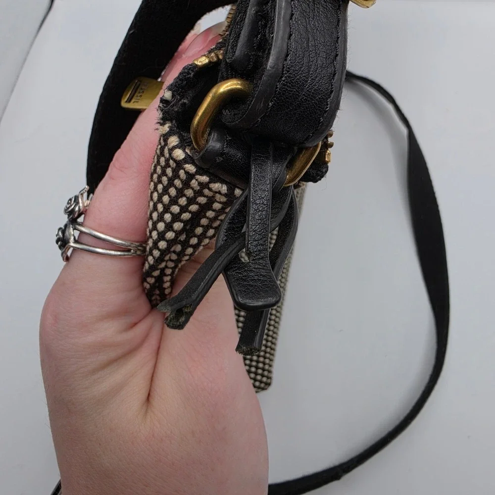 Fossil Crossbody Bag Black Cream Woven Fabric Leather Messenger Brass Hardware